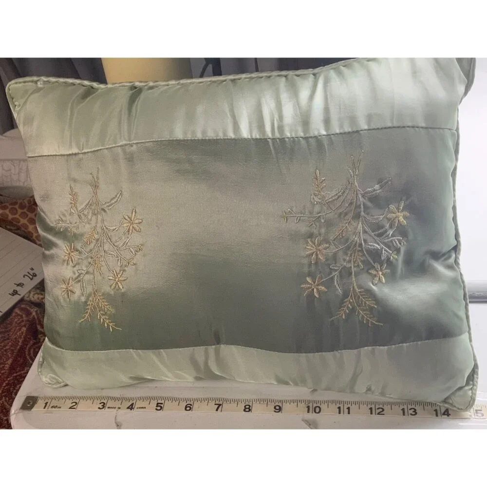 Vtg Satin Floral Embroidered Decorative Throw Pillow Light Green‎ 14